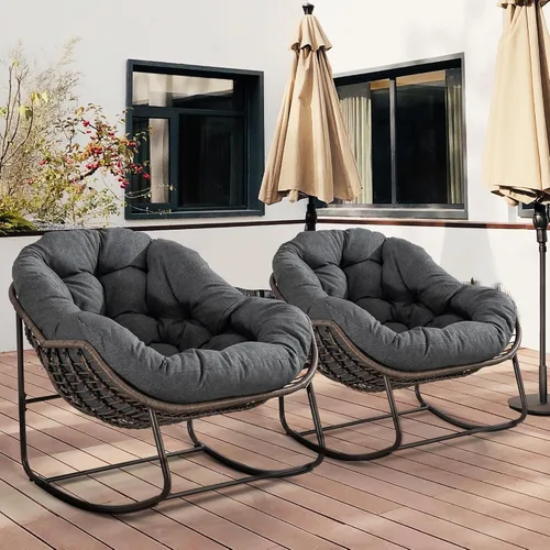 HOMEFUN Juego de 2 mecedoras para patio al aire libre, sillas Papasan Rock de gran tamaño para interiores con cojín acolchado, asiento de huevo