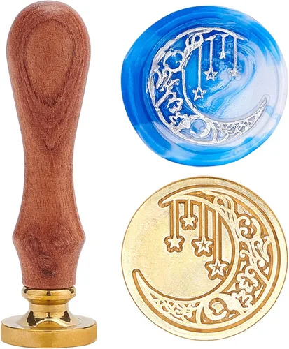 Miniatura 6 de CRASPIRE Sello de cera con diseño de luna y estrellas, estilo vintage, bohemio, 0.98 pulgadas, sello de latón extraíble con mango de madera