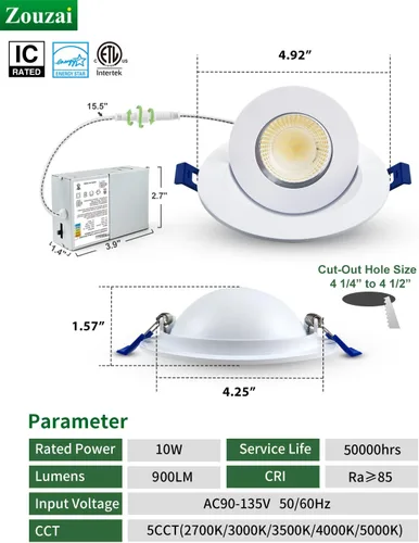 Miniatura 6 de zouzai 4 pulgadas 5CCT luz LED empotrable con cardán ajustable, 360°+90° direccional, regulable, iluminación decorativa para el hogar y comercial