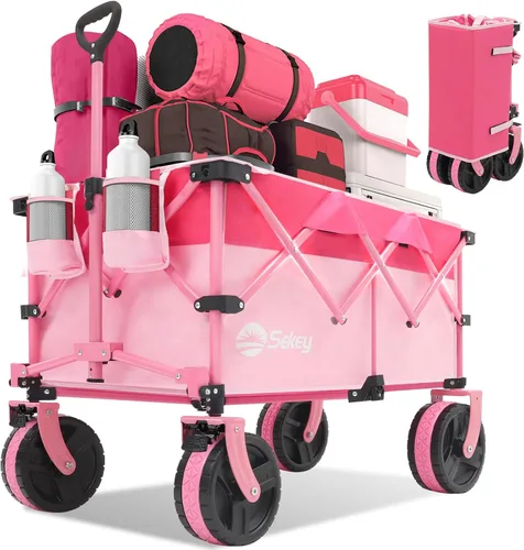 Miniatura 12 de Sekey Carritos Vagones Plegables de 220L con Ruedas Grandes Todo Terreno para Playa, Vagón Plegable de Trabajo Pesado con Portavasos, Vagón Plegable