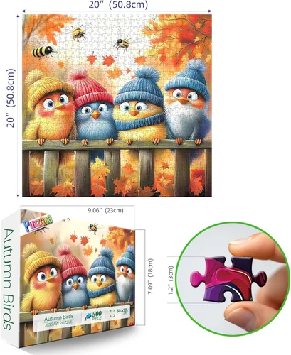 Miniatura 2 de Autumn Birds - Rompecabezas de 500 piezas para adultos, lindo paisaje natural de otoño, dibujos animados, pájaros bebés con sombreros de invierno