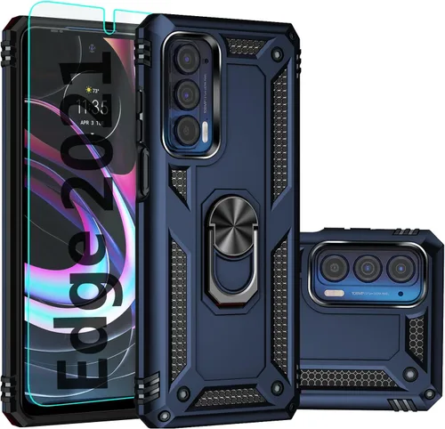 Funda para Moto Edge 2021, con protector de pantalla, [grado militar] probada en caídas de 16 pies, funda protectora magnética con función atril Azul