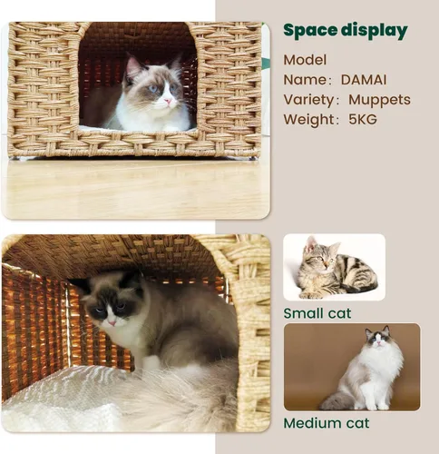Miniatura 5 de Cama para gatos de interior, un elegante escondite para gatos y una casa para gatos, cama tipo cueva de ratán tejida a mano con cojín suave, cubos