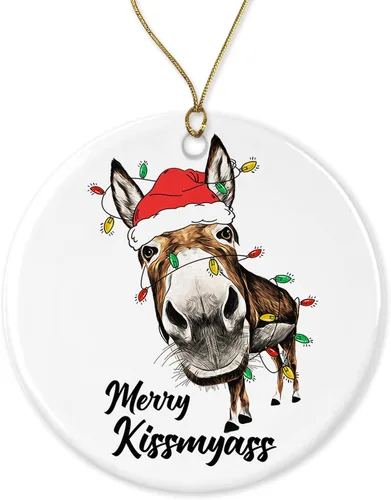 OystersPearl Merry Kiss My Ass - Adorno divertido de porcelana para árbol de Navidad, adorno de Navidad de burro, adorno de burro de Papá Noel