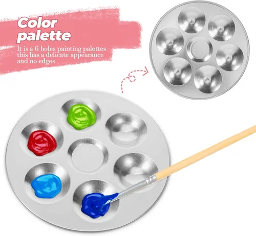 Miniatura 6 de NUOBESTY Bandeja redonda de pintura metálica de 6 pozos de aluminio para acuarela y modelo, mezcla de pintura portátil, suministros de arte