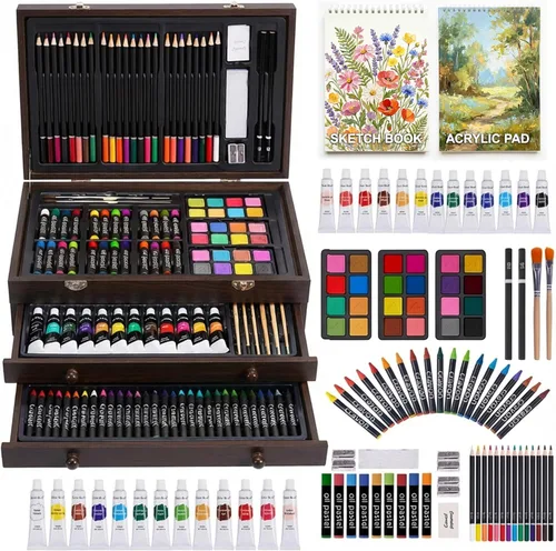 Juego de 175 piezas de arte de madera de lujo con 2 almohadillas de dibujo, pinturas acrílicas, lápices de colores, lápices de colores, pincel, kit