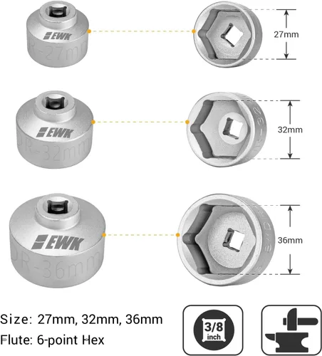 Miniatura 2 de EWK Forjado 3 piezas 27, 32, 36mm Llave de filtro de aceite de perfil bajo, 3/8" herramienta de extracción de tapa de filtro de aceite para BMW Ford