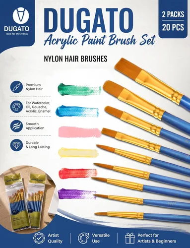 Miniatura 2 de DUGATO Juego de pinceles y paleta de pintura para artistas, 20 pinceles de nailon (varios tamaños y formas) con 5 bandejas de mezcla, ideal para Azul