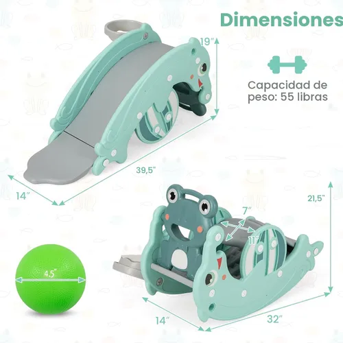 Miniatura 7 de Costzon - Juego de tobogán para niños pequeños de 5 en 1, juguete con columpio, tobogán para niños con taburete desmontable, aro de baloncesto
