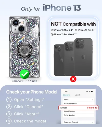 Miniatura 2 de XYZ Funda para iPhone 13, con purpurina brillante con soporte de corazón de 2 anillos y cordón, funda protectora a prueba de golpes con diamantes