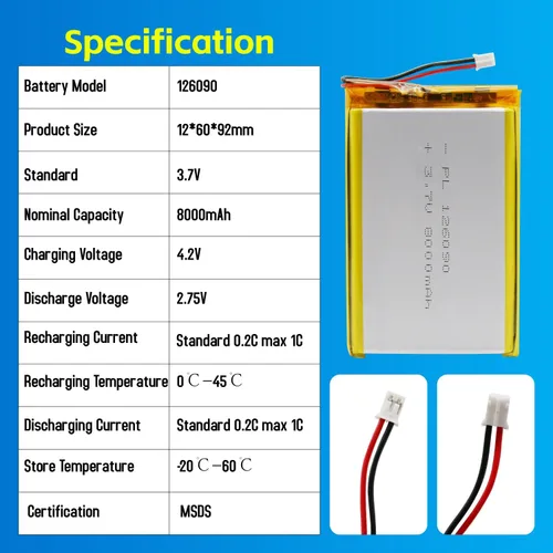 Miniatura 5 de 126090 3.7V Batería Lipo 8000mAh 126090 Cargable Paquete de Batería de Polímero de Litio con Conector JST PH2.0mm para Dispositivo Electrónico