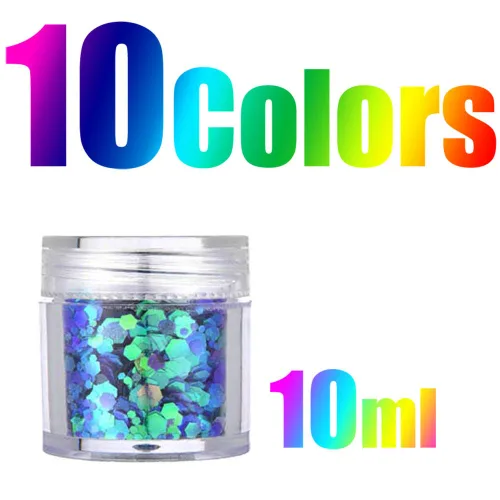 Miniatura 4 de Juego de 10 cajas de maquillaje con purpurina gruesa. Coloridos copos de purpurina cosmética mixta para sombra de ojos, cuerpo, uñas, labios