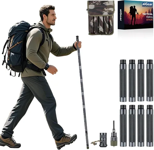 aiGear H2 Survive Tactical Walking Stick Multi Tool – 7-in-1 Survival Hiking Staff, Adjustable Trekking Poles for Men, Outdoor Self Defense Stick