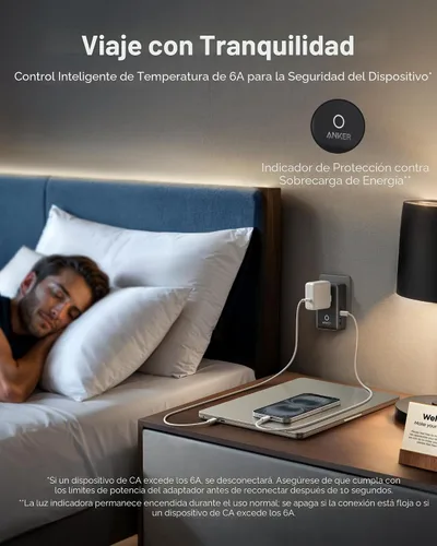 Miniatura 6 de Anker Adaptador de Viaje Nano, Adaptador de Corriente de 5 Puertos con 1 AC, 2 USB-A y 2 Puertos USB-C, Control Inteligente de Temperatura, Negro