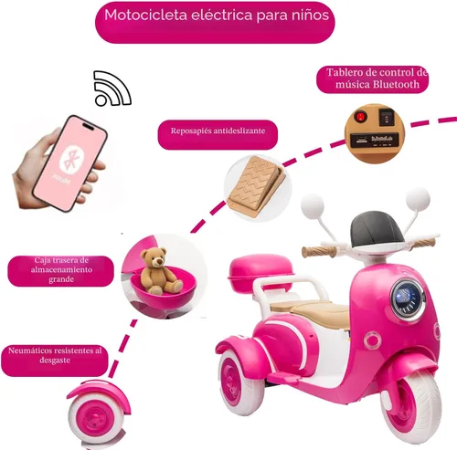 Miniatura 6 de Motocicleta eléctrica de 12V para 2 plazas para niños, batería recargable, motocicleta eléctrica todoterreno con 3 ruedas, baúl de almacenamiento