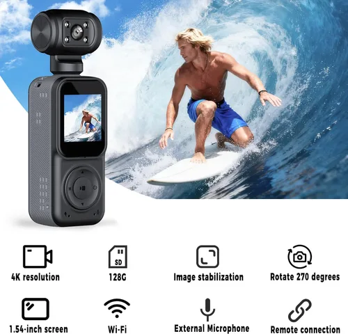 Miniatura 3 de Cámara corporal 4K, videocámara POV de bolsillo, cámara de bolsillo, 4K/30FPS con lente giratoria manual de 270°, opciones de clip/correa