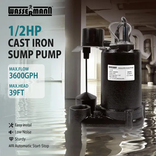 Miniatura 2 de WASSERMANN 1/2HP 3600GPH Bomba de sumidero sumergible de hierro fundido con interruptor de flotador vertical, bomba de aguas residuales de 1-1/2"NPT