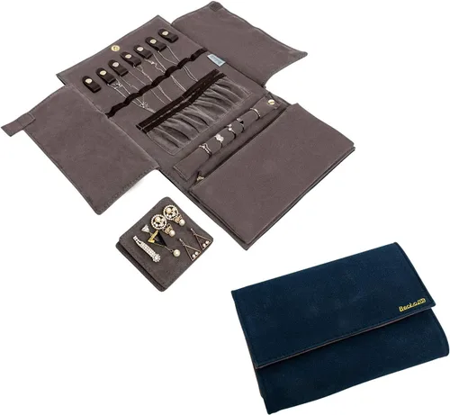 Becko - Organizador de joyas para múltiples collares anillos pulseras de piel flexible y gamuza gran capacidad sin arrugas ligero portátil y
