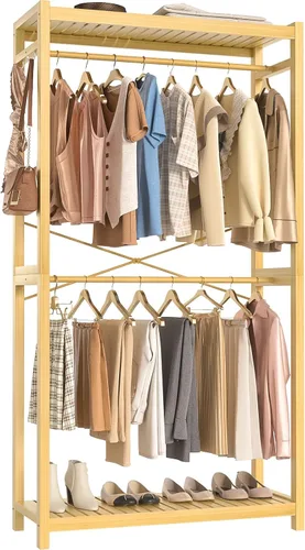 Miniatura 18 de Homykic Perchero de bambú para colgar ropa, perchero resistente con estantes ajustables de 7 niveles, varillas dobles, 4 ganchos, sistema de armario