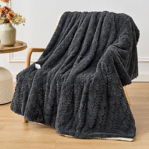 Manta térmica eléctrica – Jacquard Shaggy Sherpa de 50 x 60 pulgadas, manta de cama de calentamiento rápido con 6 niveles de calefacción y 4 horas
