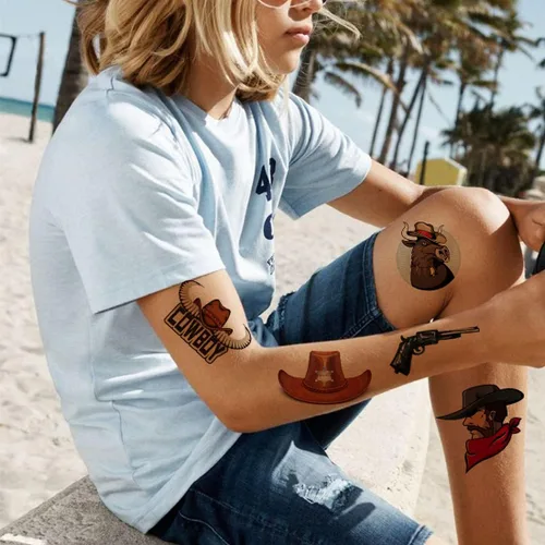 Miniatura 4 de CHARLENT Tatuajes temporales de vaquero para niños, 100 tatuajes temporales de vaquero occidental para niños, regalos de fiesta de cumpleaños