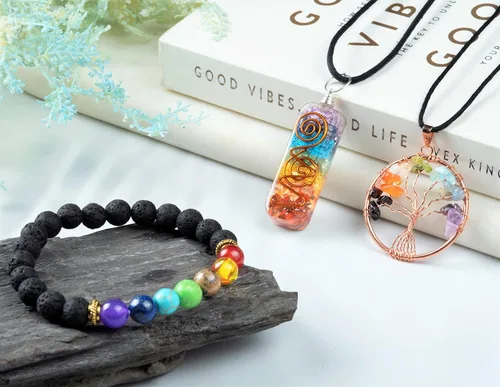 Miniatura 2 de Árbol de la vida de los siete chakras con cristales con pulsera y 2 colgantes – Decoración de bonsái Feng Shui con cristales curativos, regalos