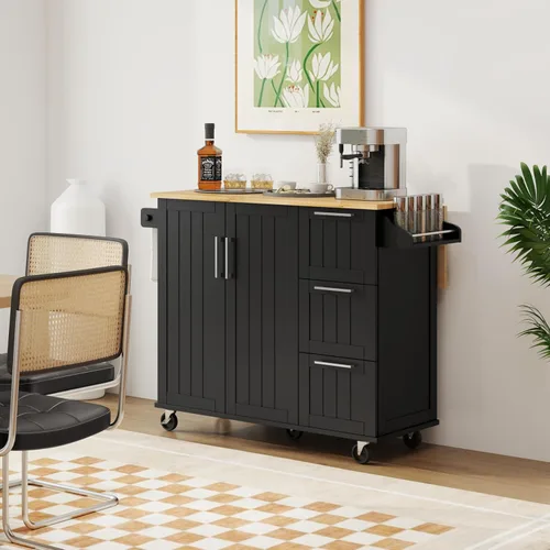 Miniatura 5 de Yaheetech Carrito de isla de cocina con hoja caída, barra de desayuno de cocina con 5 ruedas universales con gabinete de almacenamiento, parte Negro