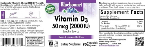 Miniatura 2 de BlueBonnet Vitamina D3 2000 UI cápsulas vegetales, 90
