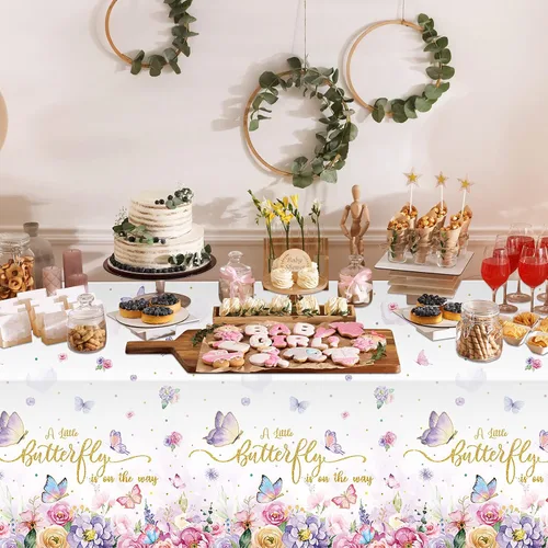 Miniatura 6 de FunnyPars Paquete de 3 manteles de mariposa para baby shower, decoración de baby shower, mantel rectangular desechable de plástico con temática