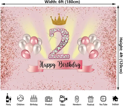 Miniatura 2 de Decoración de feliz segundo cumpleaños de 6 x 4 pies para fiesta de niña, telón de fondo para fiesta de cumpleaños de 2 años de edad, pancarta