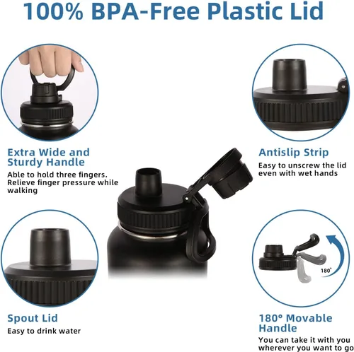 Miniatura 5 de Botellas de agua aisladas Volhoply en paquete de 4, de 40 onzas, de acero inoxidable, botella deportiva con asa de paracord y tapa con pitorro, Negro