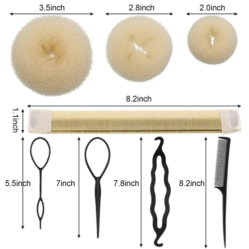 Miniatura 2 de WILLBOND Juego de moldeador de moño, 3 donas para el cabello, 2 marcadores de moño, 4 herramientas de cola de caballo, 10 pines y 2 bandas