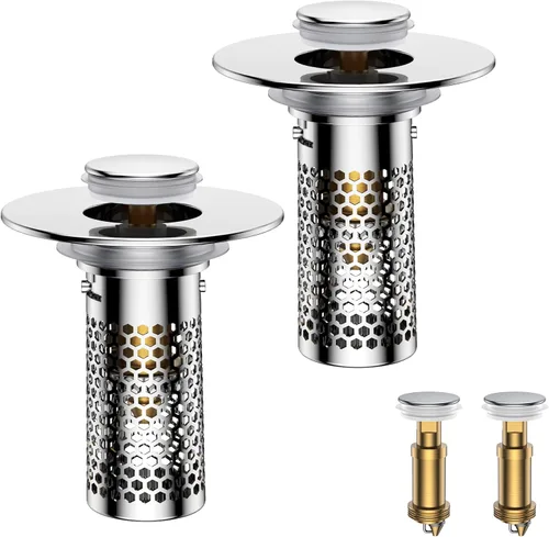 Colador de drenaje para lavabo de baño, tapón emergente para lavabo atrapa cabellos, cesta de filtro de drenaje de acero inoxidable Ysilver-2 (con