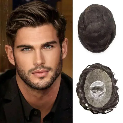 Miniatura 17 de Pieza de pelo para hombres Toupee sistema de reemplazo de cabello humano real, unidad de cabello humano ultrafino, postizo para hombre, protesis #1