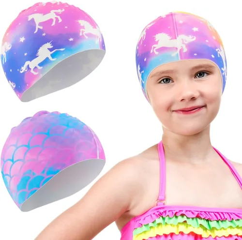 Paquete de 2 gorros de natación impermeables de silicona para niños y niñas (3-8 años), diseño de sirena de unicornio, gorro de natación para niños