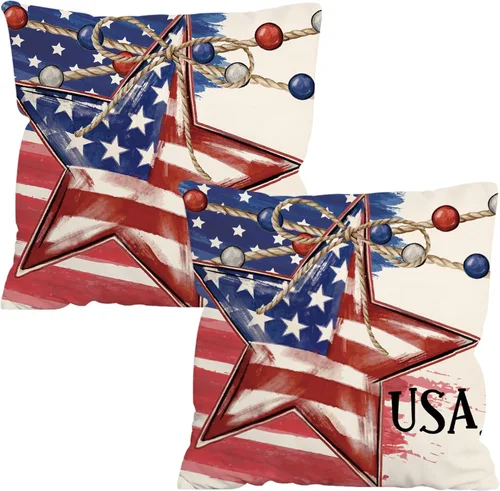 FUTBU Juego de 2 fundas de almohada del 4 de julio de 16 x 16 pulgadas, decoración patriótica de estrellas americanas para decoración al aire libre,