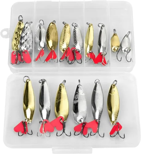 DONQL Spoon Fishing Lures, Metal Fishing Spoon Lures Hard Baits Saltwater Fishing Lures Spinner Baits Fish Treble Hooks Tackle Salmon Bass Conjunto A
