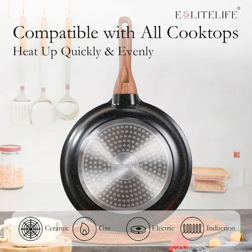 Miniatura 4 de ESLITE LIFE Juego de utensilios de cocina antiadherentes, 12 piezas de ollas y sartenes con revestimiento de granito, juego de cocina, compatible