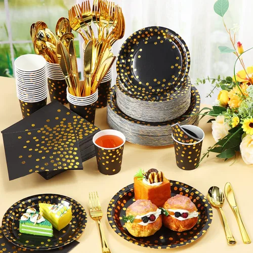 Miniatura 3 de 700 piezas de suministros de fiesta negros y dorados, juegos de vajilla desechables para 100 invitados, platos de papel negro y dorado, servilletas