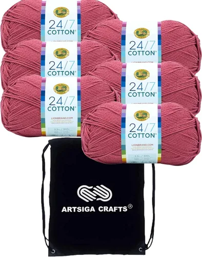 Miniatura 44 de Lion Brand 24/7 Algodón Rosa 761-101 (3 carretes - mismo lote de tinte) Hilado medio #4 de algodón para crochet y tejer con bolsa de proyecto
