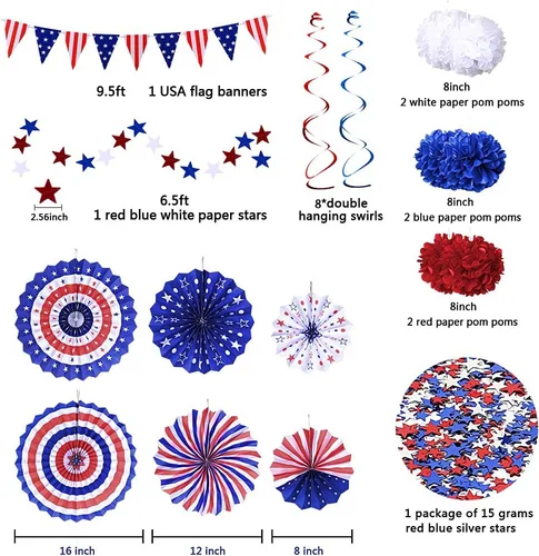 Miniatura 5 de Juego de decoraciones patrióticas del 4 de julio: suministros de fiesta con la bandera estadounidense del 4 de julio, abanicos de papel rojo, blanco