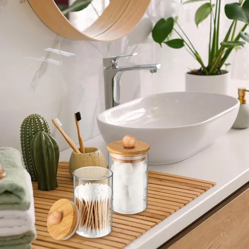 Miniatura 6 de Paquete de 6 tarros de boticario de vidrio con tapas, accesorios de baño de bambú, bolas de algodón, almohadillas para hisopos, frascos de baño