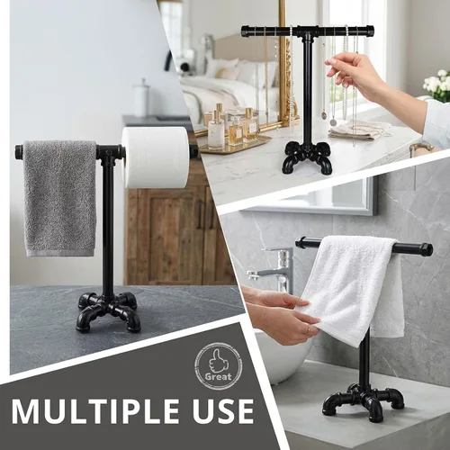 Miniatura 3 de Toallero de mano de tubo rústico Estante de toalla de pie industrial en forma de T Almacenamiento de toallas para baño ROXLLGJC