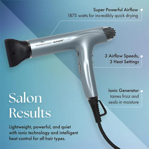 Miniatura 2 de Olivia Garden Secador de pelo profesional SuperHP de 1875 W para todo tipo de cabello, secador de pelo silencioso y de secado rápido, potente