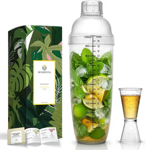 Miniatura 11 de Homestia Juego de coctelera de plástico transparente, mezclador de bebidas de 17 onzas con colador integrado, doble jigger, libro de recetas, kit