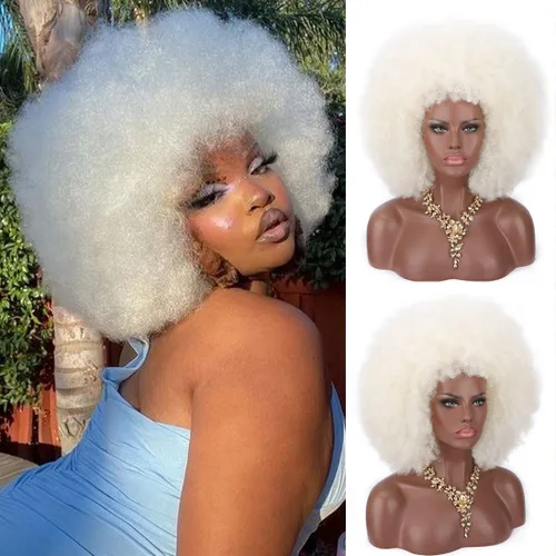 Miniatura 7 de Kalyss Pelucas afro largas de 16 pulgadas para mujeres negras, pelucas afro afro rizadas de los años 70 con reflejos marrones, pelucas grandes