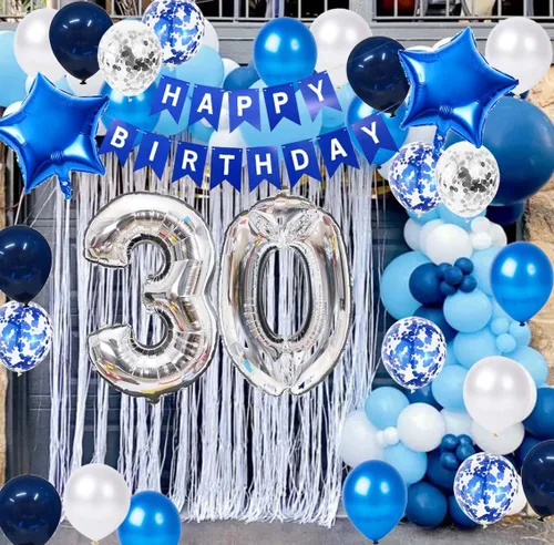 Miniatura 6 de Decoración de fiesta de cumpleaños número 30 para hombres, pancarta de feliz cumpleaños, color azul, plateado, número 30, globos de papel