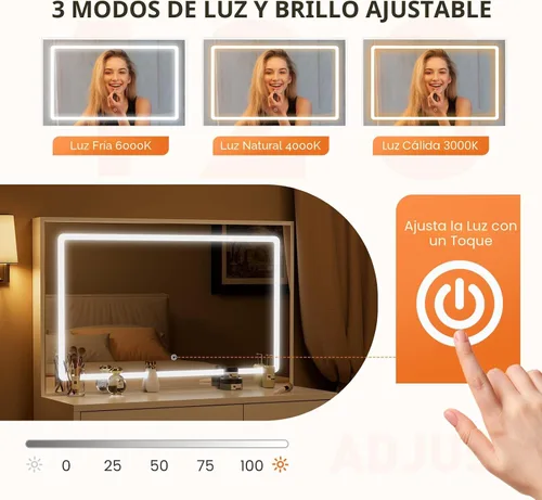 Miniatura 4 de Sweetcrispy Escritorio de tocador con espejo LED de 35.4" y luces, mesa de maquillaje con estación de carga (2AC/USB/C), 2 cajones y gabinete