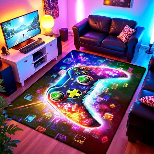 Miniatura 11 de Alfombra de área de juegos neón de 3 x 5 pies para habitación de niños, alfombra colorida de control de juegos para decoración de habitación
