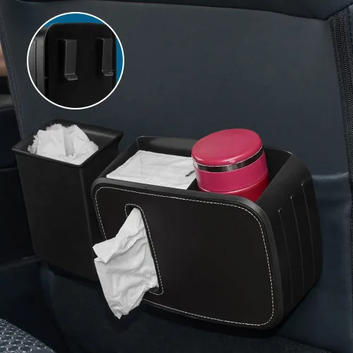 JSCARLIFE Organizador de asiento delantero para automóvil con basura, cubo de basura desmontable para automóvil con caja de pañuelos y caja de
